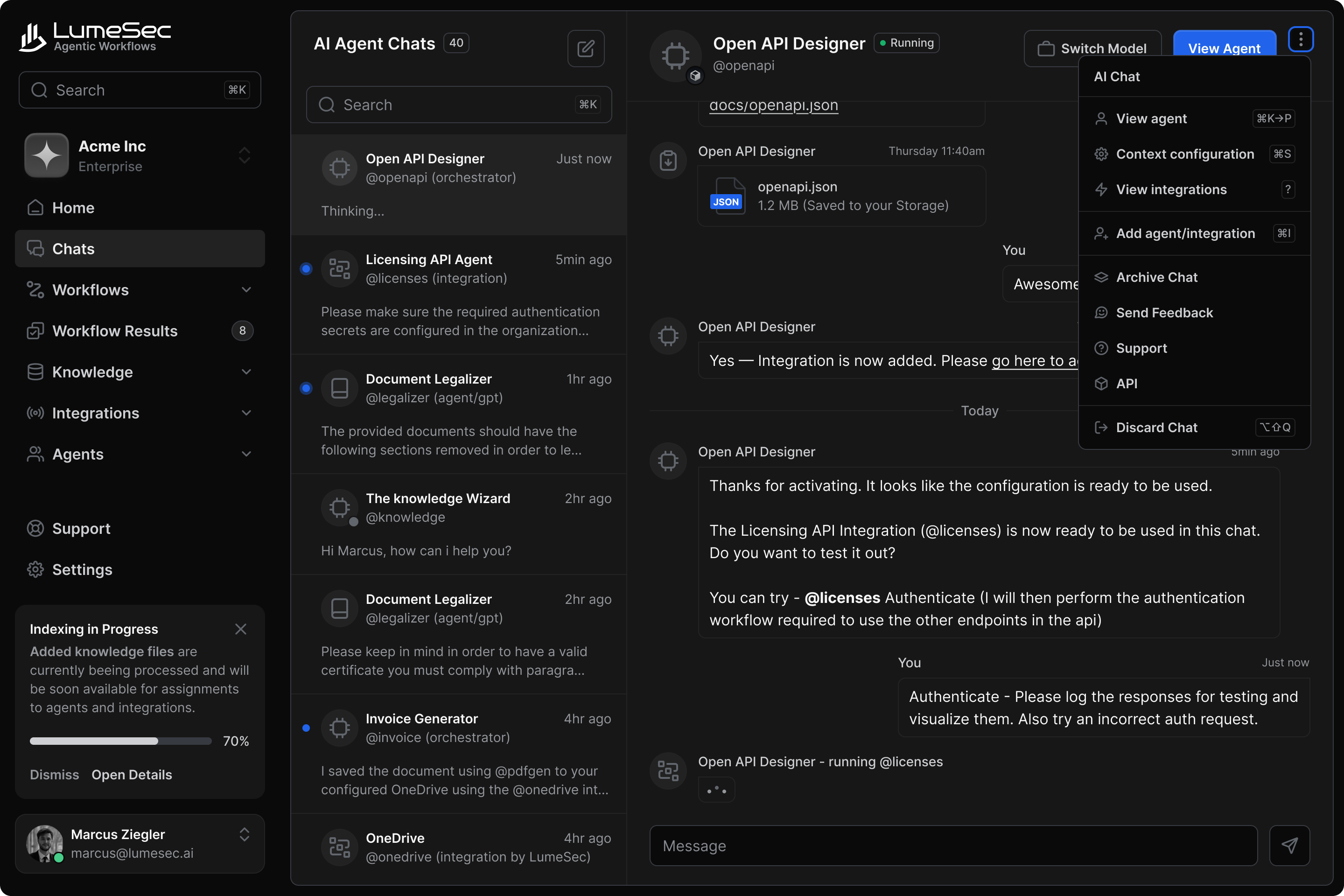 LumeSec AIOP dashboard — agent runs, signed events, compliance status