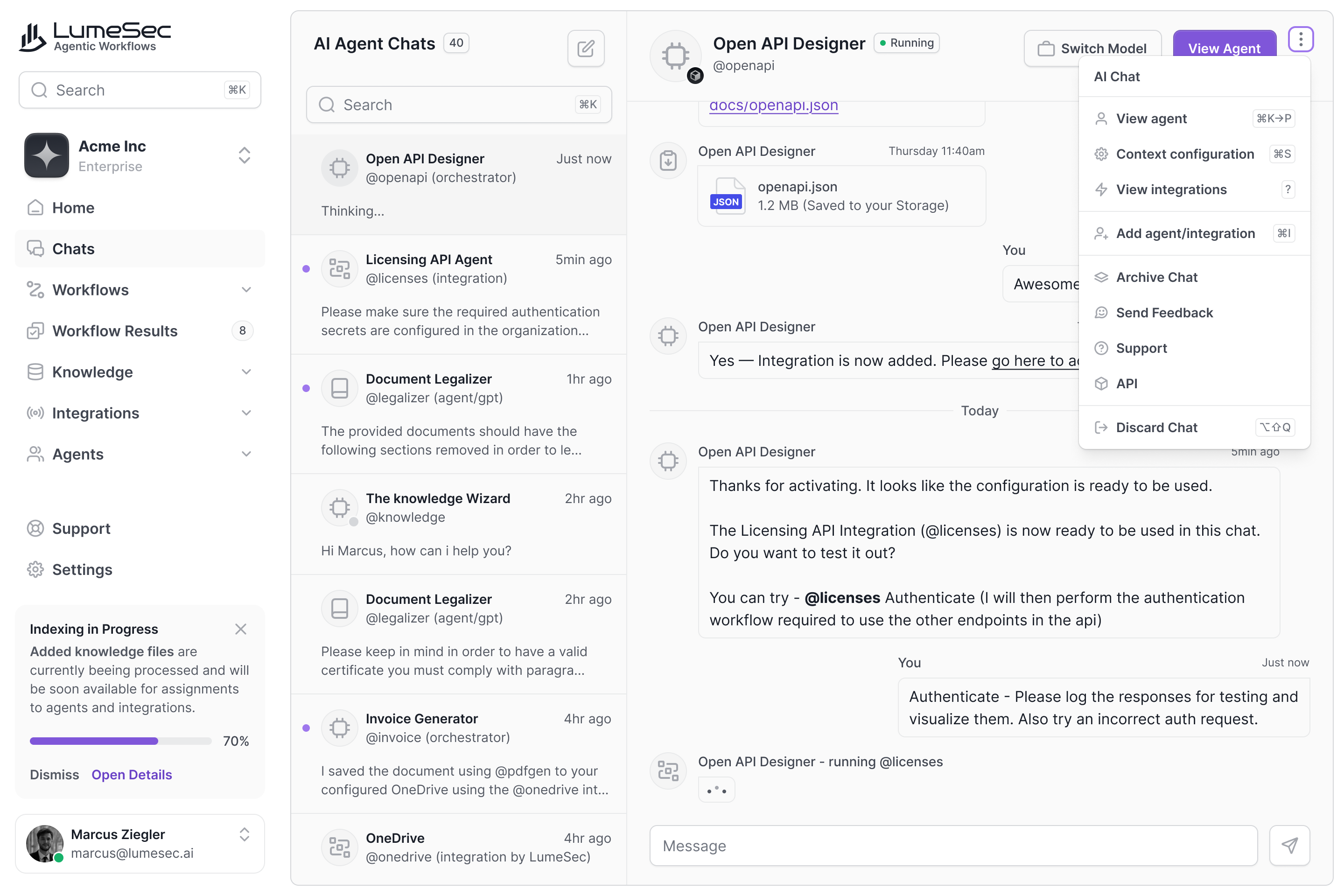 LumeSec AIOP dashboard — agent runs, signed events, compliance status